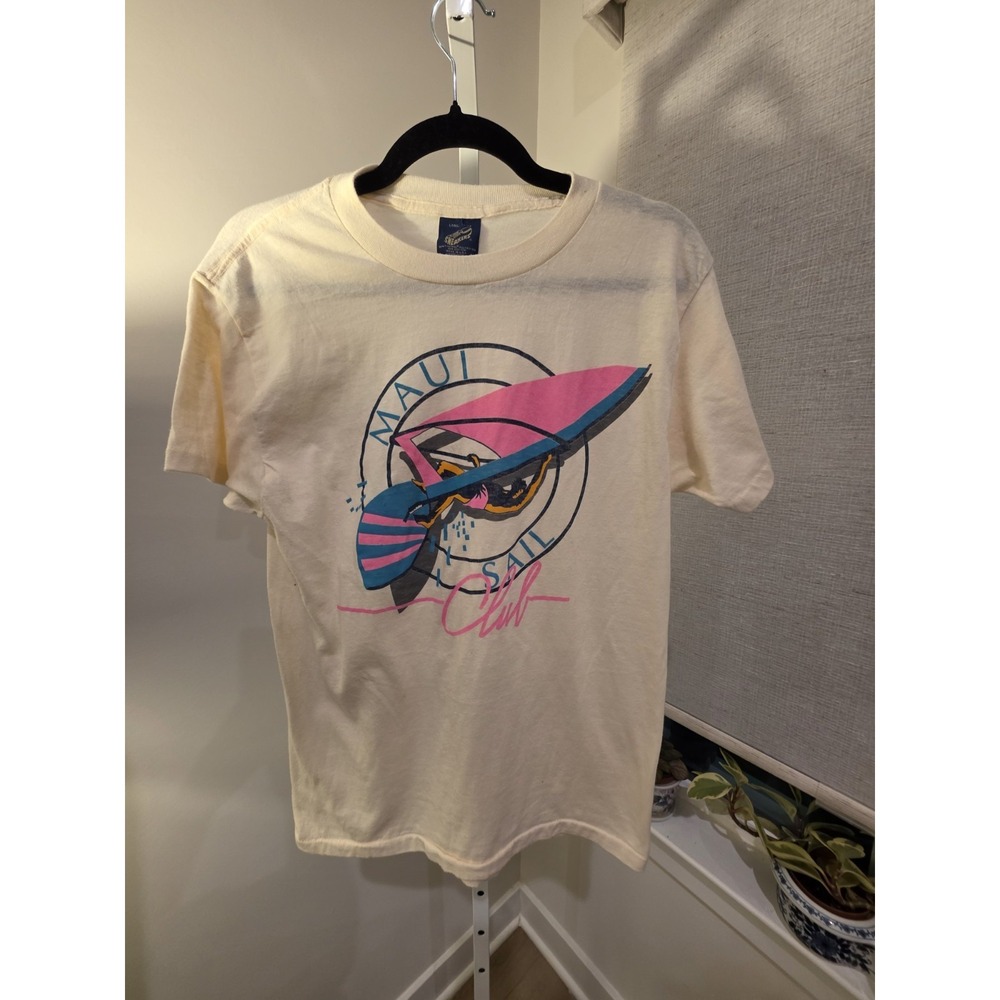 Vintage Maui Shirt Single Stitch Beige With Pink Graphic Large